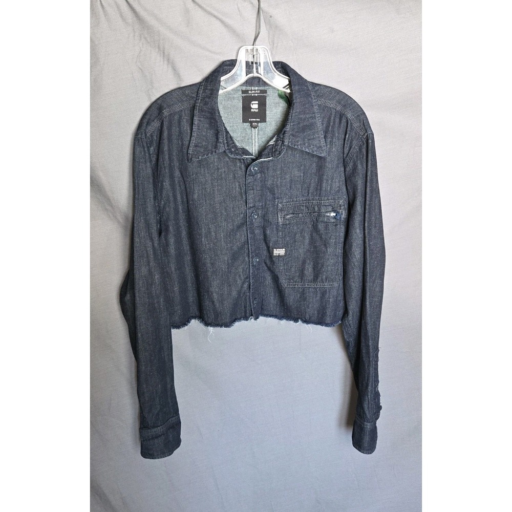 G-Star RAW XXL Cropped‎ Denim Jacket Frayed Edge Logo Zip Pocket EUC